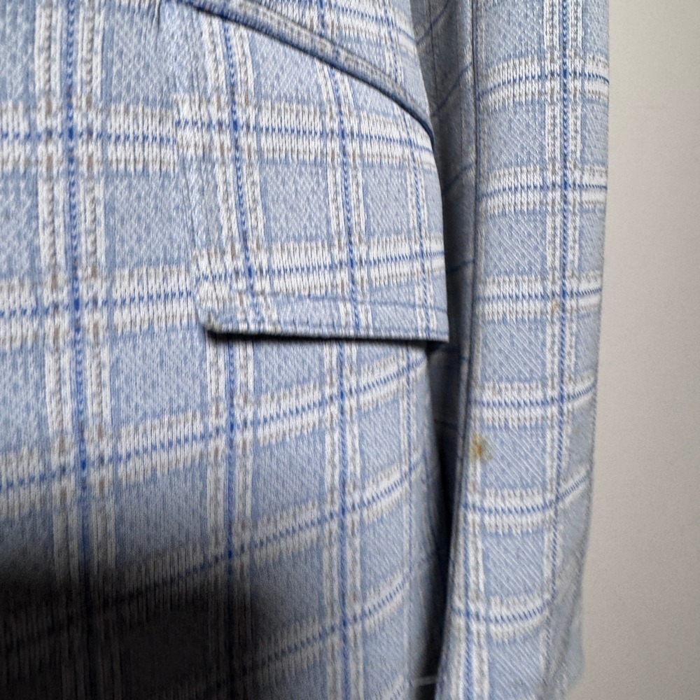 Van Cort Blazer Mens 44R Light Blue Plaid Vintage 70s Polyester Sport Coat - Picture 2 of 7